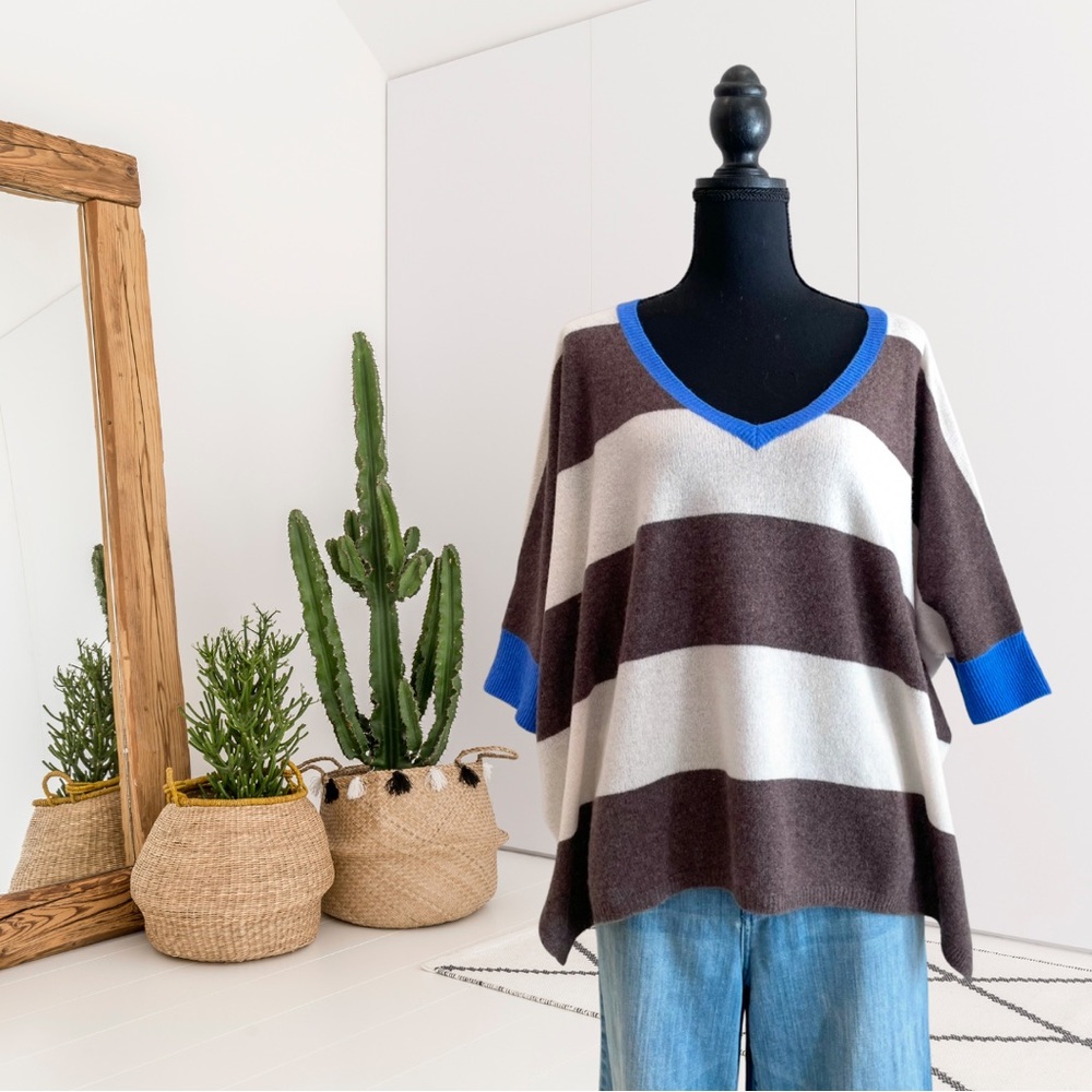 Minnie Rose V-Neck Short Sleeve Striped Cashmere Sweater